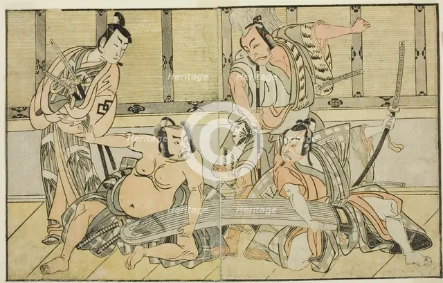 The Actors Ichikawa Yaozo II as Kujaku no Saburo, Matsumoto Koshiro II as Hata no Daize..., c. 1772. Creator: Shunsho.