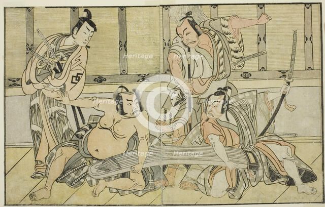 The Actors Ichikawa Yaozo II as Kujaku no Saburo, Matsumoto Koshiro II as Hata no Daize..., c. 1772. Creator: Shunsho.