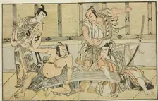 The Actors Ichikawa Yaozo II as Kujaku no Saburo, Matsumoto Koshiro II as Hata no Daize..., c. 1772. Creator: Shunsho