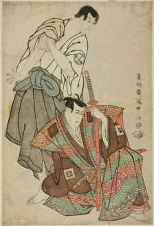 The actors Ichikawa Yaozo III (R) as Fuwa Banzaemon and Sakata Hangoro III (L) as Kosodate..., 1794. Creator: Tôshûsai Sharaku
