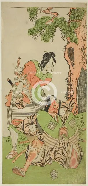 The Actors Ichikawa Danzo III as I no Hayata Tadazumi (right), and Matsumoto Koshiro II..., c. 1770. Creator: Shunsho.