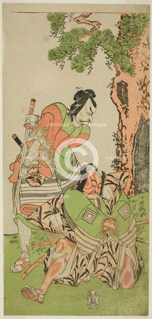 The Actors Ichikawa Danzo III as I no Hayata Tadazumi (right), and Matsumoto Koshiro II..., c. 1770. Creator: Shunsho.