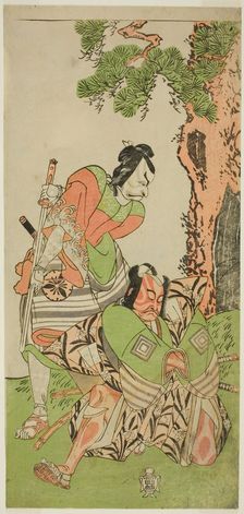 The Actors Ichikawa Danzo III as I no Hayata Tadazumi (right), and Matsumoto Koshiro II..., c. 1770. Creator: Shunsho