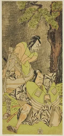 The Actors Ichikawa Danzo III as I no Hayata Tadazumi (right), and Matsumoto Koshiro II..., c. 1770. Creator: Shunsho