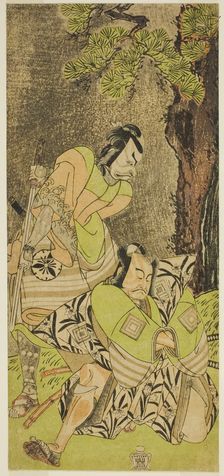 The Actors Ichikawa Danzo III as I no Hayata Tadazumi (right), and Matsumoto Koshiro II..., c. 1770. Creator: Shunsho