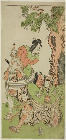 The Actors Ichikawa Danzo III as I no Hayata Tadazumi (right), and Matsumoto Koshiro II..., c. 1770. Creator: Shunsho