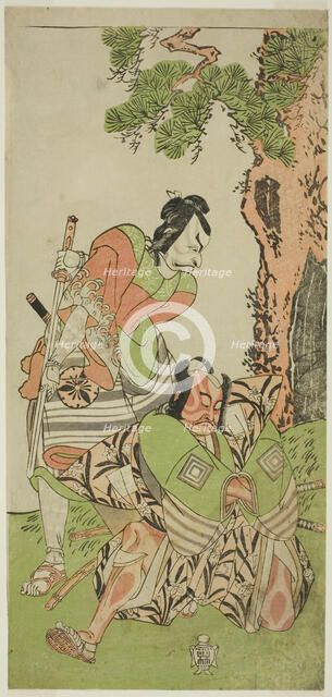 The Actors Ichikawa Danzo III as I no Hayata Tadazumi (right), and Matsumoto Koshiro II..., c. 1770. Creator: Shunsho.