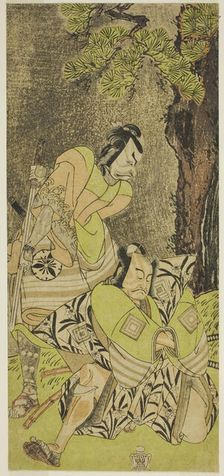 The Actors Ichikawa Danzo III as I no Hayata Tadazumi (right), and Matsumoto Koshiro II..., c. 1770. Creator: Shunsho