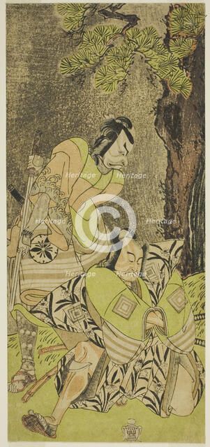The Actors Ichikawa Danzo III as I no Hayata Tadazumi (right), and Matsumoto Koshiro II..., c. 1770. Creator: Shunsho.