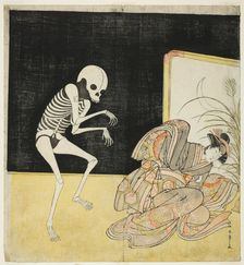 The actors Ichikawa Danjuro V as a skeleton, spirit of the renegade monk Seigen (left), an..., 1783. Creator: Shunsho