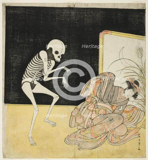 The actors Ichikawa Danjuro V as a skeleton, spirit of the renegade monk Seigen (left), an..., 1783. Creator: Shunsho.