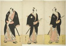 The Actors Ichikawa Danjuro V as Gokuin Sen'emon (right), Bando Mitsugoro I as An no He..., c. 1780. Creator: Shunsho