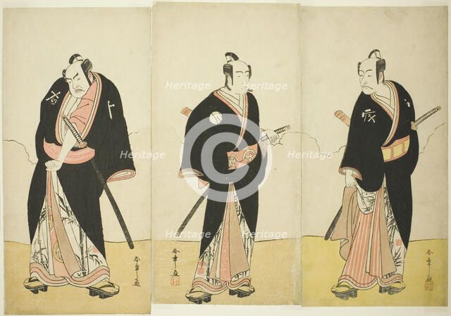 The Actors Ichikawa Danjuro V as Gokuin Sen'emon (right), Bando Mitsugoro I as An no He..., c. 1780. Creator: Shunsho.