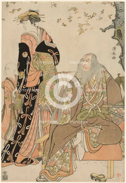 The Actors Ichikawa Danjuro V as Hige no Ikyu, Nakamura Riko as Agemaki, and Ichikawa Ebiz..., 1784. Creator: Torii Kiyonaga.