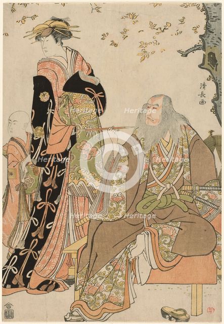 The Actors Ichikawa Danjuro V as Hige no Ikyu, Nakamura Riko as Agemaki, and Ichikawa Ebiz..., 1784. Creator: Torii Kiyonaga.