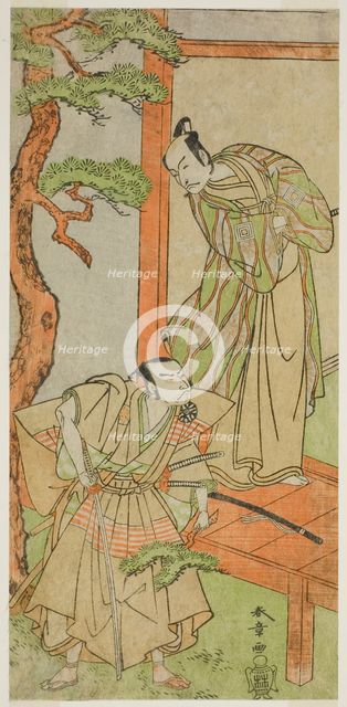 The Actors Ichikawa Danjuro V as Momonoi Wakasanosuke (right), and Nakamura Nakazo I as..., c. 1771. Creator: Shunsho.