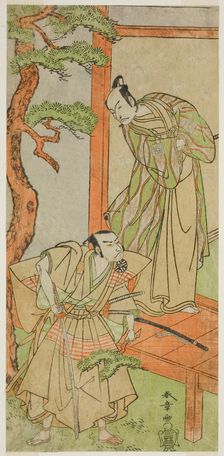 The Actors Ichikawa Danjuro V as Momonoi Wakasanosuke (right), and Nakamura Nakazo I as..., c. 1771. Creator: Shunsho