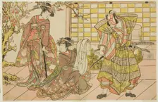 The Actors Ichikawa Danjuro V as Miura Kunitae (right), Segawa Kikunojo III as Yasukata..., c. 1782. Creator: Shunsho