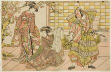 The Actors Ichikawa Danjuro V as Miura Kunitae (right), Segawa Kikunojo III as Yasukata..., c. 1782. Creator: Shunsho