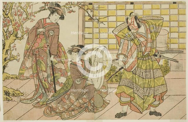 The Actors Ichikawa Danjuro V as Miura Kunitae (right), Segawa Kikunojo III as Yasukata..., c. 1782. Creator: Shunsho.