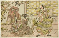 The Actors Ichikawa Danjuro V as Miura Kunitae (right), Segawa Kikunojo III as Yasukata..., c. 1782. Creator: Shunsho