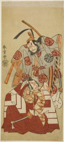 The Actors Ichikawa Danjuro V as Watanabe Kiou Takiguchi (bottom), and Nakamura Nakazo..., c. 1770. Creator: Shunsho