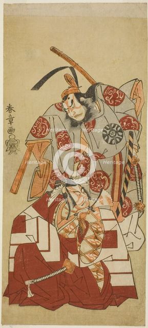 The Actors Ichikawa Danjuro V as Watanabe Kiou Takiguchi (bottom), and Nakamura Nakazo..., c. 1770. Creator: Shunsho.
