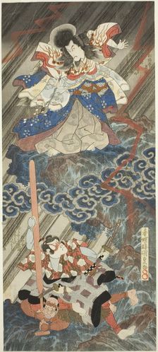 The actors Ichikawa Danjuro VII as Kan Shojo (Sugawara Michizane) and Segawa Kikunojo V as..., 1832. Creator: Utagawa Kunisada