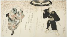 The actors Ichikawa Danjuro VII as Sukeroku (R) and Onoe Kikugoro III as the white sake..., c. 1823. Creator: Utagawa Kunisada