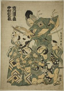 The Actors Ichikawa Ebizo I as Miura Osuke, Ichikawa Danjuro lV as Okazaki Akushiro, and N..., 1754. Creator: Torii Kiyohiro