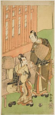 The Actors Ichikawa Komazo II as Soga no Juro Sukenari (right), and Ichikawa Danjuro V..., c. 1771. Creator: Shunsho