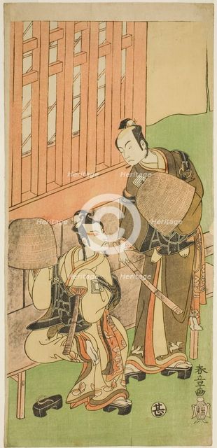 The Actors Ichikawa Komazo II as Soga no Juro Sukenari (right), and Ichikawa Danjuro V..., c. 1771. Creator: Shunsho.