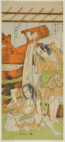 The Actors Ichikawa Komazo II as Satsuma Gengobei (right), and Nakamura Nakazo I..., c. 1771. Creator: Shunsho