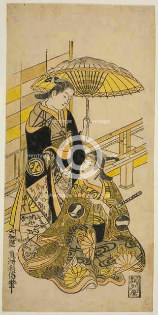 The Actors Ichikawa Monnosuke I as Kusunoki Masatsura and Arashi Wakano as Oyuki in the pl..., 1723. Creator: Okumura Toshinobu.