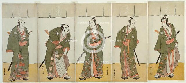 The Actors Ichikawa Monnosuke II as Karigane Bunshichi, Bando Mitsugoro I as An no,..., c. 1780. Creator: Shunsho.