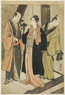 The Actors Ichikawa Monnosuke II (left), Iwai Hanshiro IV (center), and Iwai Karumo...... c.1780/83. Creator: Shunsho
