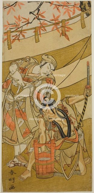 The Actors Ichikawa Raizo II as Kojiro Masahira (right) and Ichikawa Danzo IV as Doi no..., c. 1774. Creator: Katsukawa Shunko.