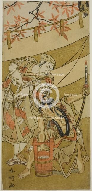 The Actors Ichikawa Raizo II as Kojiro Masahira (right) and Ichikawa Danzo IV as Doi no..., c. 1774. Creator: Katsukawa Shunko.