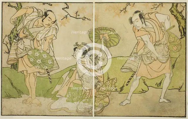 The Actors Ichikawa Somegoro (right), Segawa Kikunojo II (center), and Bando Sampachi..., c. 1772. Creator: Shunsho.