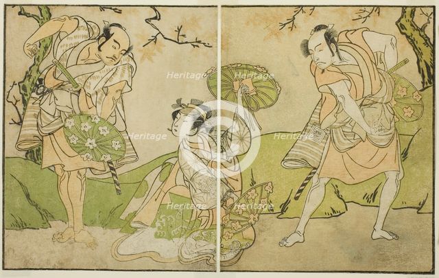 The Actors Ichikawa Somegoro (right), Segawa Kikunojo II (center), and Bando Sampachi..., c. 1772. Creator: Shunsho.