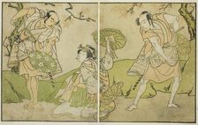 The Actors Ichikawa Somegoro (right), Segawa Kikunojo II (center), and Bando Sampachi..., c. 1772. Creator: Shunsho