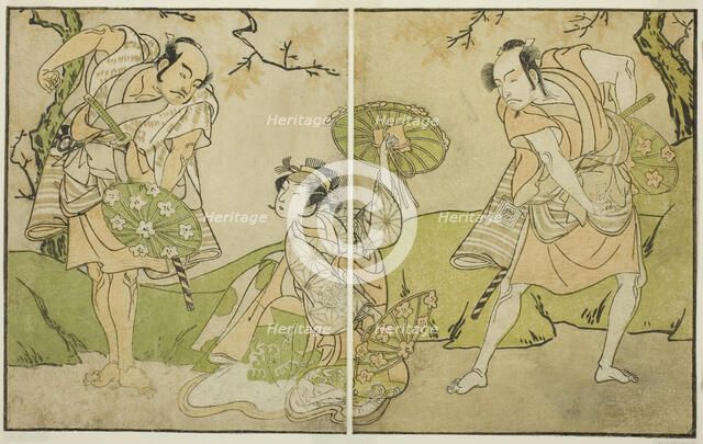 The Actors Ichikawa Somegoro (right), Segawa Kikunojo II (center), and Bando Sampachi..., c. 1772. Creator: Shunsho.