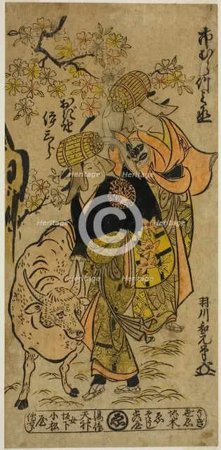 The Actors Ichimura Takenojo IV and Ogino Isaburo I as firewood peddlers in the play..., 1726. Creator: Hanekawa Wagen.