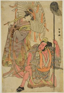 The Actors Ichimura Uzaemon IX as Hata no Daizen Taketora Disguised as the Yakko Matahe..., c. 1781. Creator: Shunsho