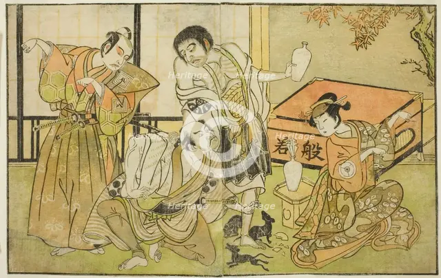 The Actors Iwai Hanshiro IV as Otatsu-gitsune, Nakamura Nakazo I as Raigo Ajari, Sakata..., c. 1772. Creator: Shunsho.