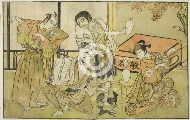 The Actors Iwai Hanshiro IV as Otatsu-gitsune, Nakamura Nakazo I as Raigo Ajari, Sakata..., c. 1772. Creator: Shunsho.