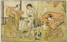 The Actors Iwai Hanshiro IV as Otatsu-gitsune, Nakamura Nakazo I as Raigo Ajari, Sakata..., c. 1772. Creator: Shunsho