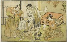 The Actors Iwai Hanshiro IV as Otatsu-gitsune, Nakamura Nakazo I as Raigo Ajari, Sakata..., c. 1772. Creator: Shunsho