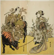 The Actors Iwai Hanshiro IV as Okume (right), and Ichikawa Monnosuke II as Koshiba...,c. 1779. Creator: Katsukawa Shunko