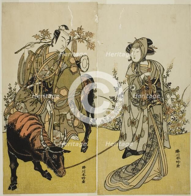 The Actors Iwai Hanshiro IV as Okume (right), and Ichikawa Monnosuke II as Koshiba...,c. 1779. Creator: Katsukawa Shunko.